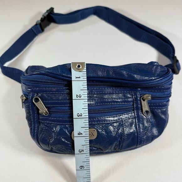 Vintage 100% Leather 90s Mod Grunge Punk Belt Bag Fanny Pack - Blue Adjustable - Picture 8 of 11